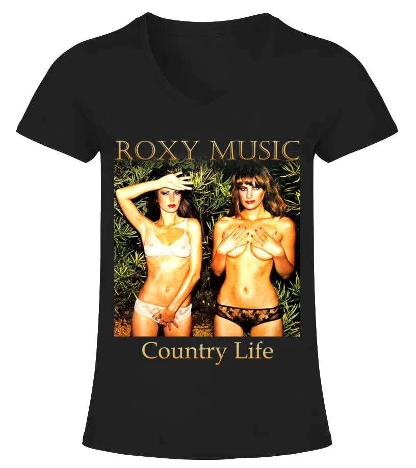 100GLR018. ROXY MUSIC  COUNTRY LIFE (1974) BK CAMISETA CUELLO PICO MUJER