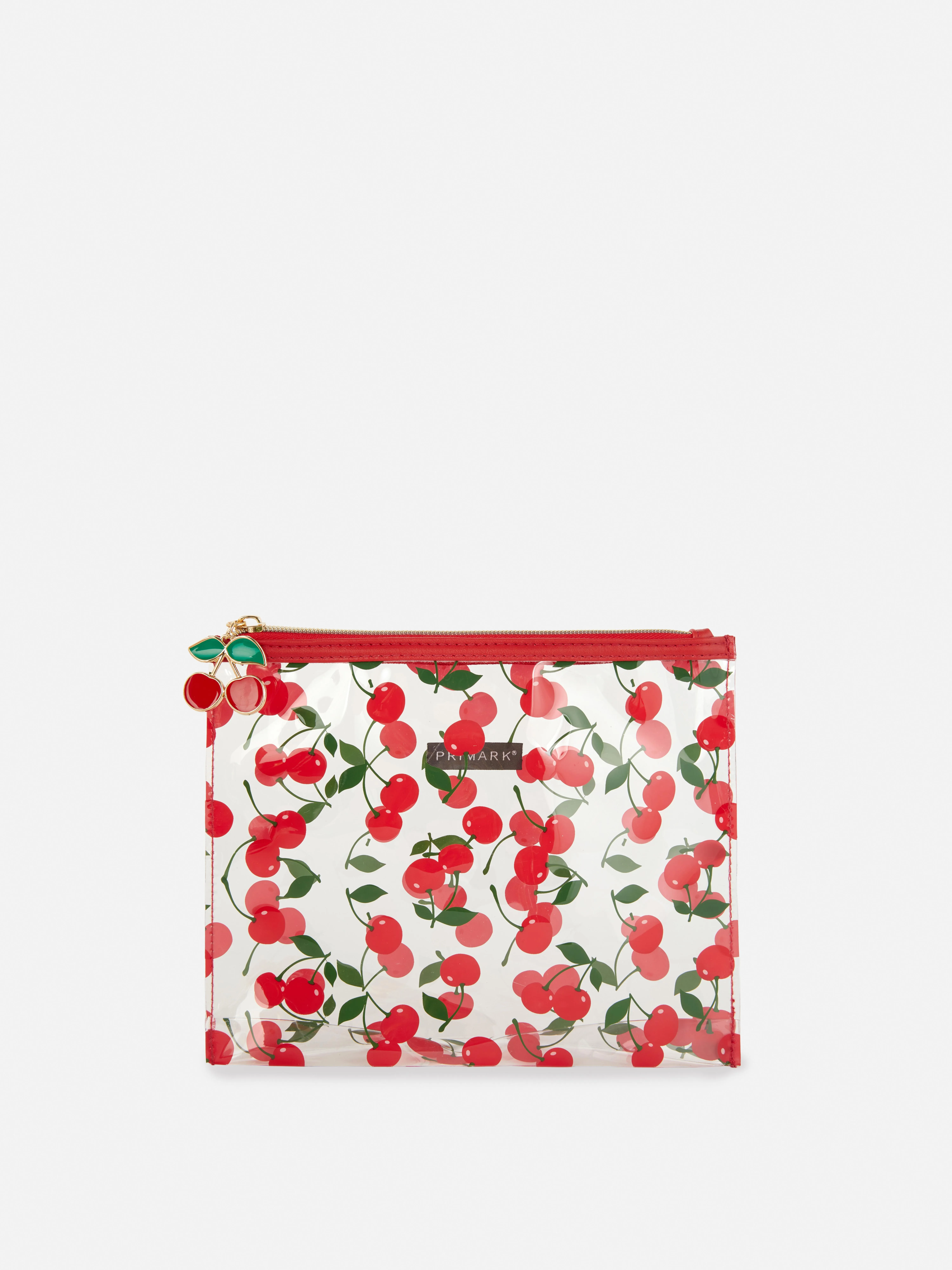Bolsa de maquillaje transparente con cerezas