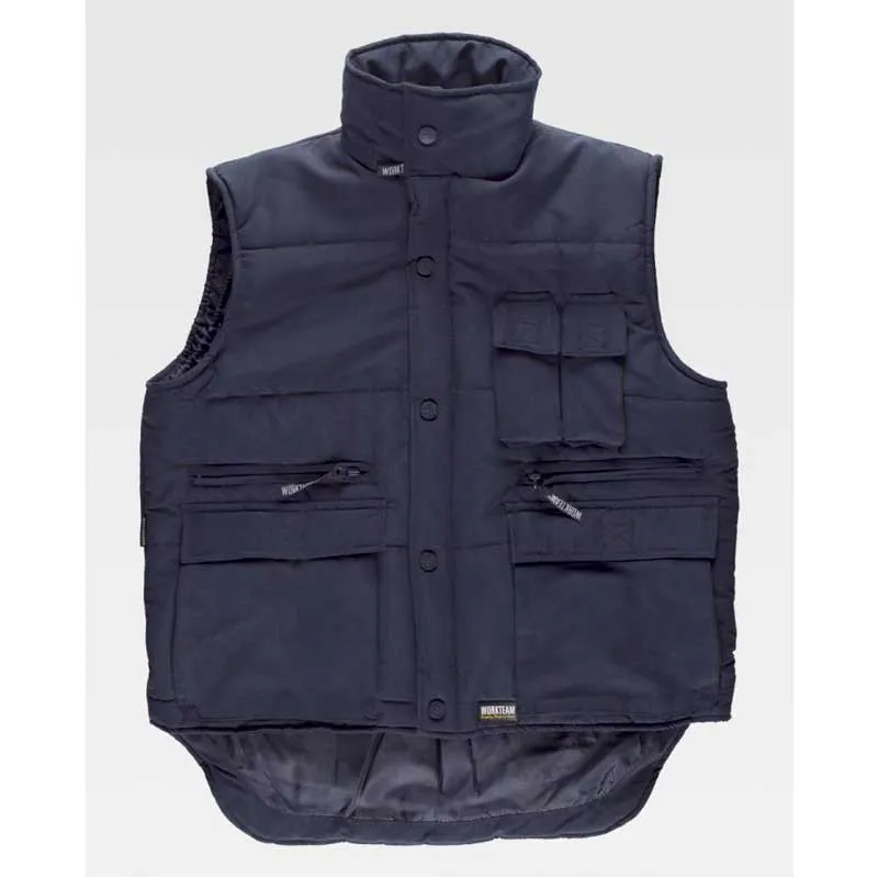 CHALECO ACOLCHADO MARINO CON CUELLO ALTO MULTIBOLSILLOS  WORKTEAM