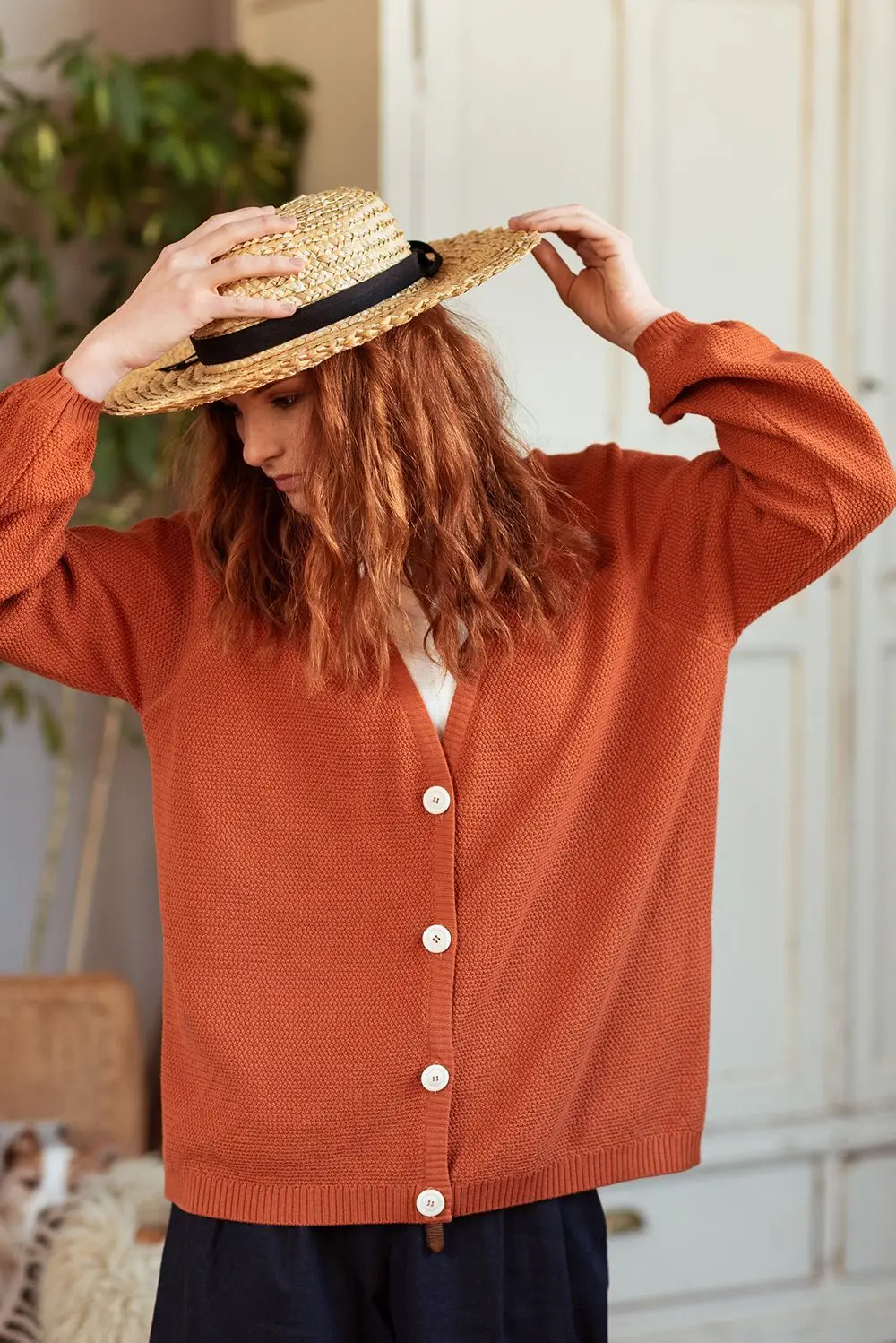 Chaqueta de punto terracota para mujer