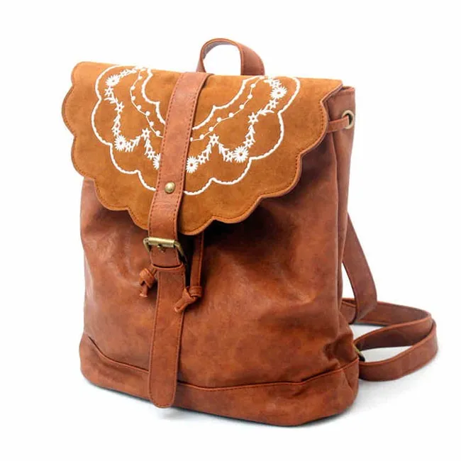 Fresh Brown Folk Embroidered Leather Backpack