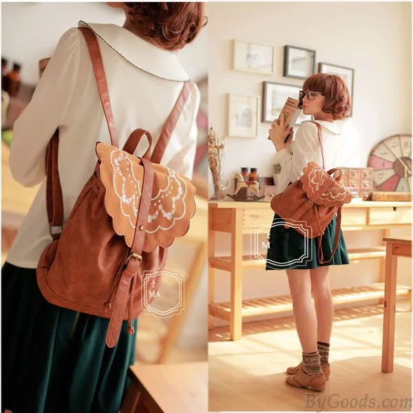 Fresh Brown Folk Embroidered Leather Backpack