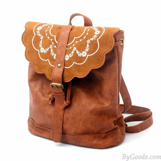 Fresh Brown Folk Embroidered Leather Backpack