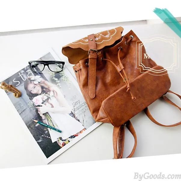 Fresh Brown Folk Embroidered Leather Backpack