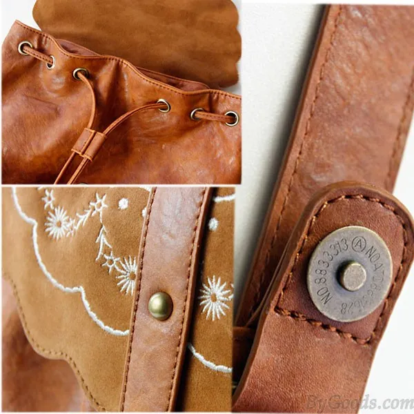 Fresh Brown Folk Embroidered Leather Backpack