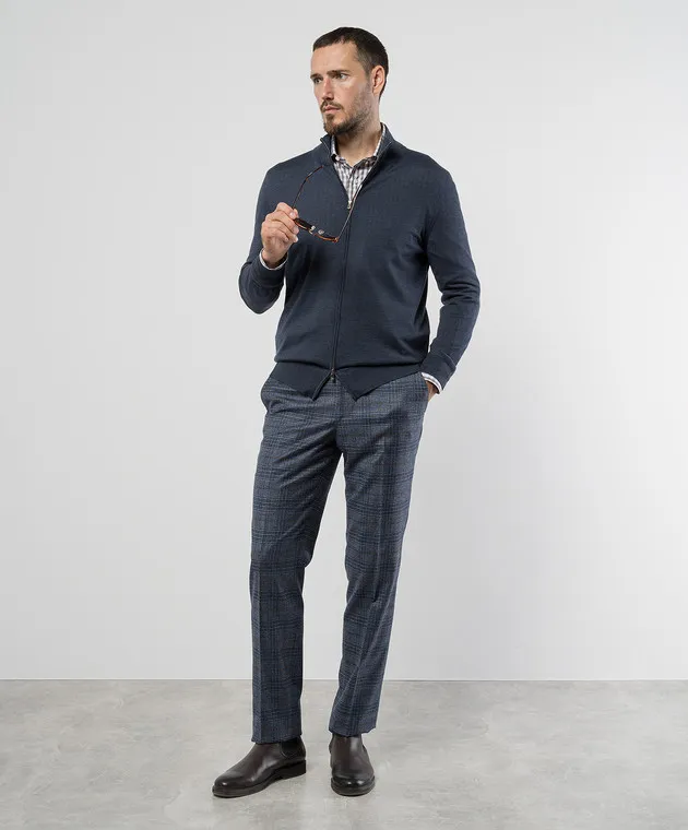 ISAIA Blue check wool and cashmere pants