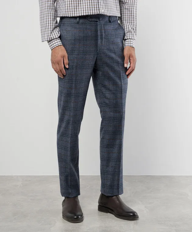 ISAIA Blue check wool and cashmere pants