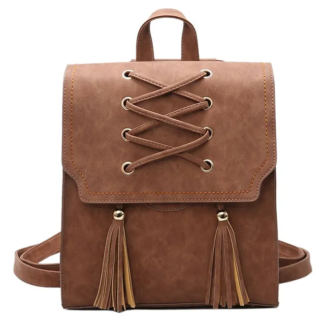 Retro Girl's Cross Bandage Tassels Flap Square Brown Weave Leisure Travel Backpack 