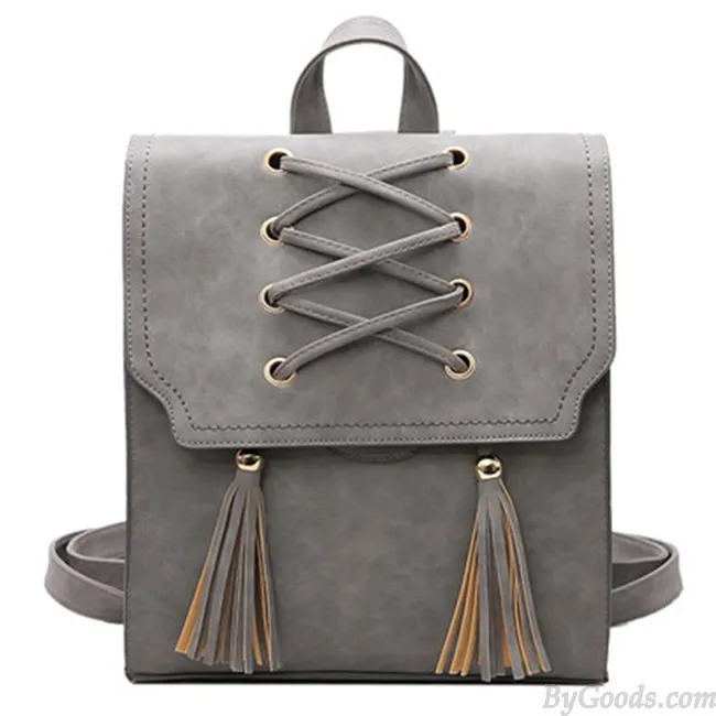 Retro Girl's Cross Bandage Tassels Flap Square Brown Weave Leisure Travel Backpack 