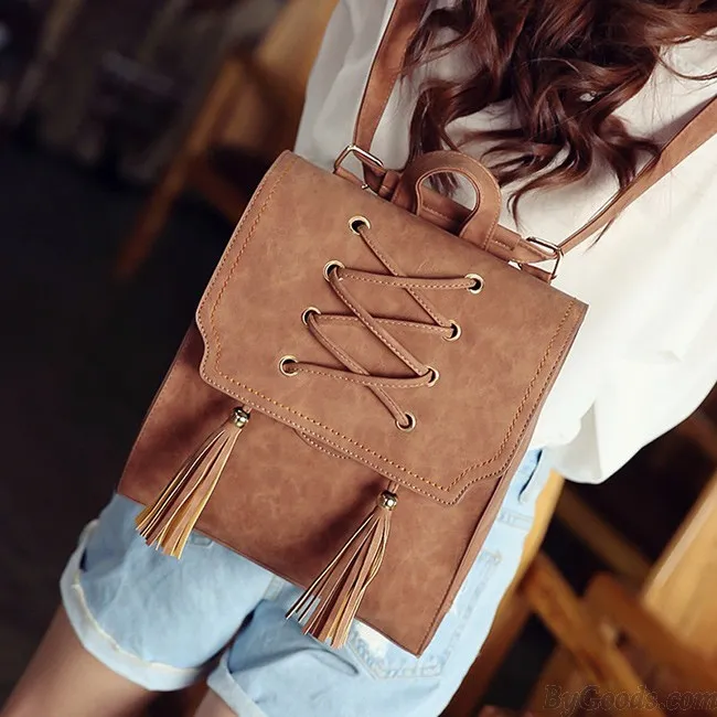 Retro Girl's Cross Bandage Tassels Flap Square Brown Weave Leisure Travel Backpack 