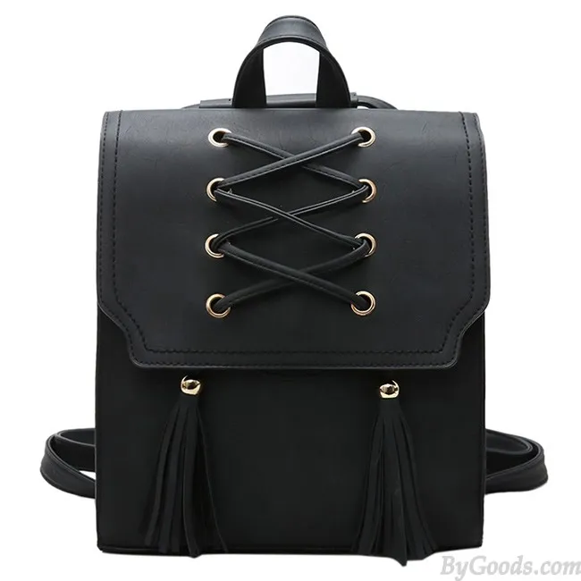 Retro Girl's Cross Bandage Tassels Flap Square Brown Weave Leisure Travel Backpack 