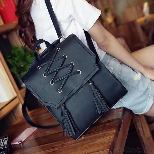 Retro Girl's Cross Bandage Tassels Flap Square Brown Weave Leisure Travel Backpack 