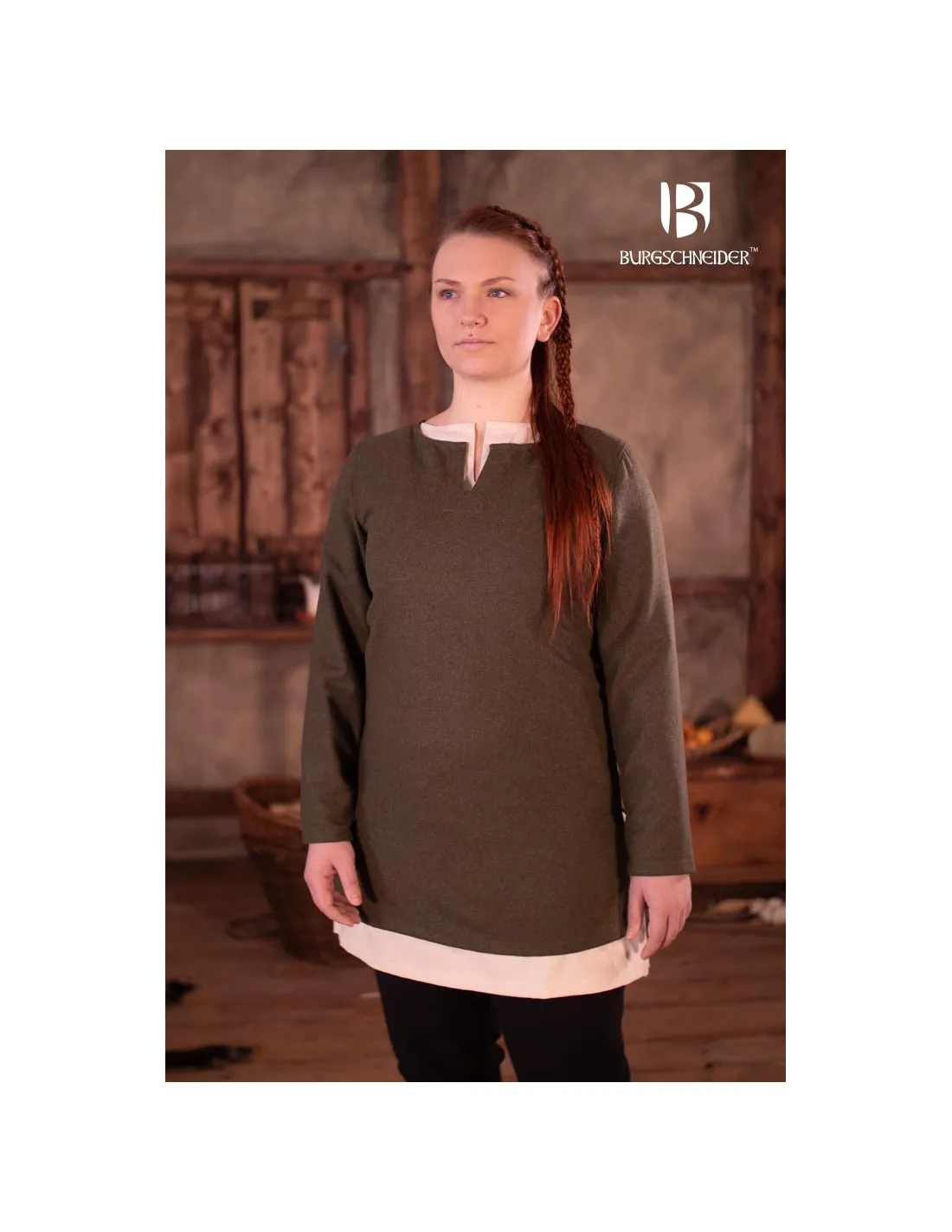 Túnica medieval corta de mujer Svenja, color verde oliva