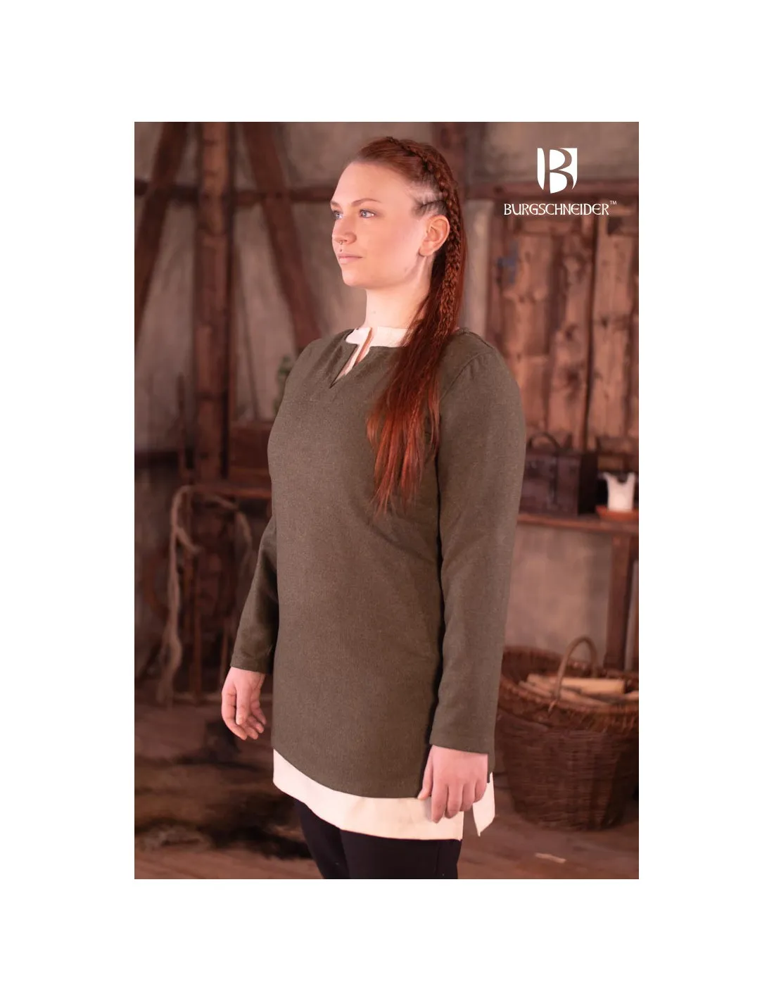 Túnica medieval corta de mujer Svenja, color verde oliva