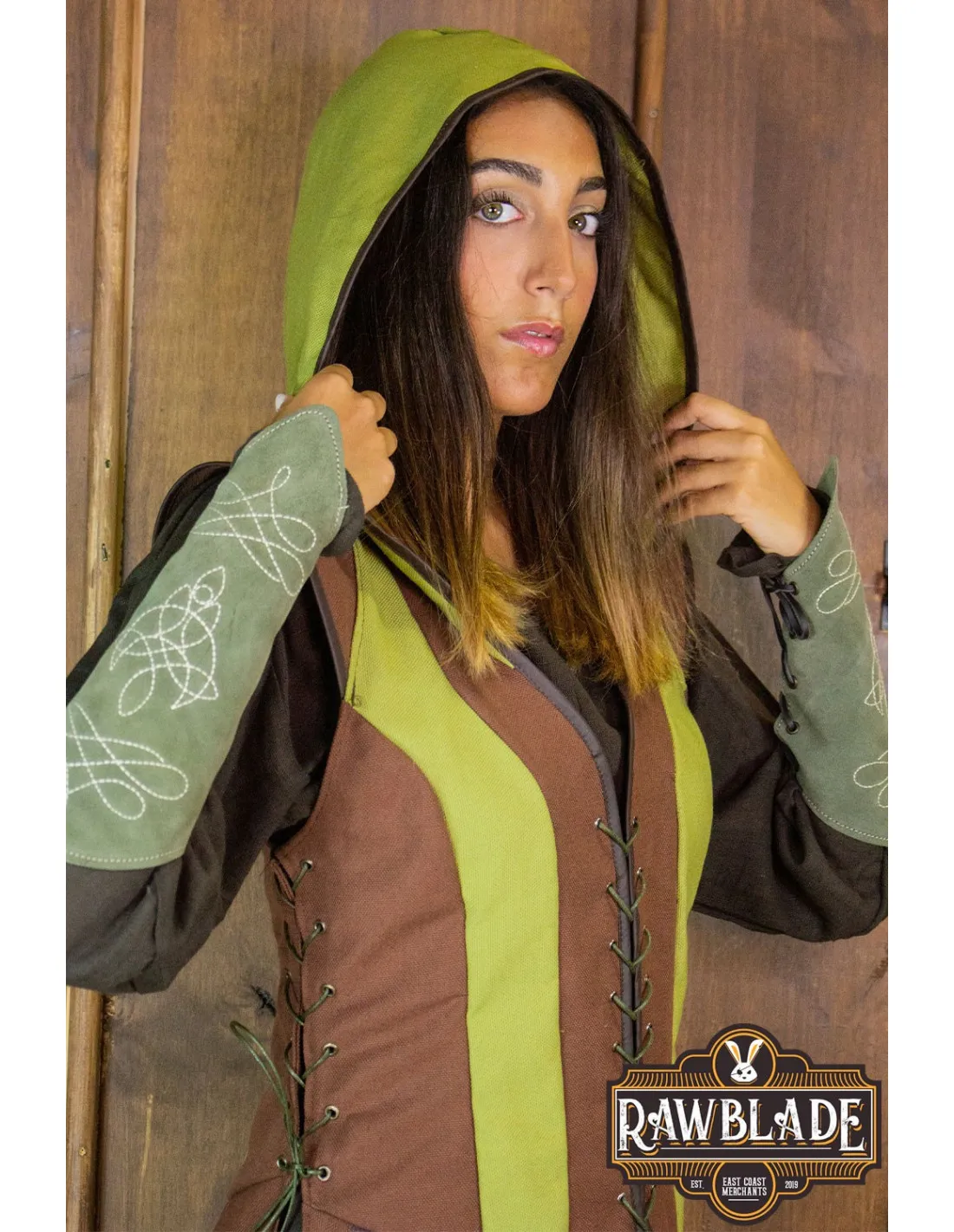 TúNICA MEDIEVAL DE MUJER ARQUERA ARYLITH  MARRóN Y VERDE