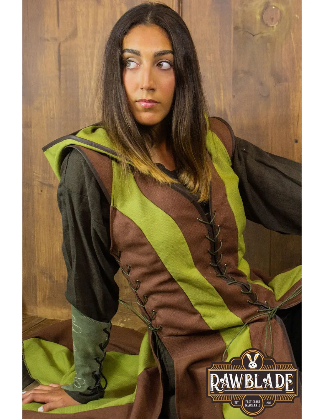TúNICA MEDIEVAL DE MUJER ARQUERA ARYLITH  MARRóN Y VERDE