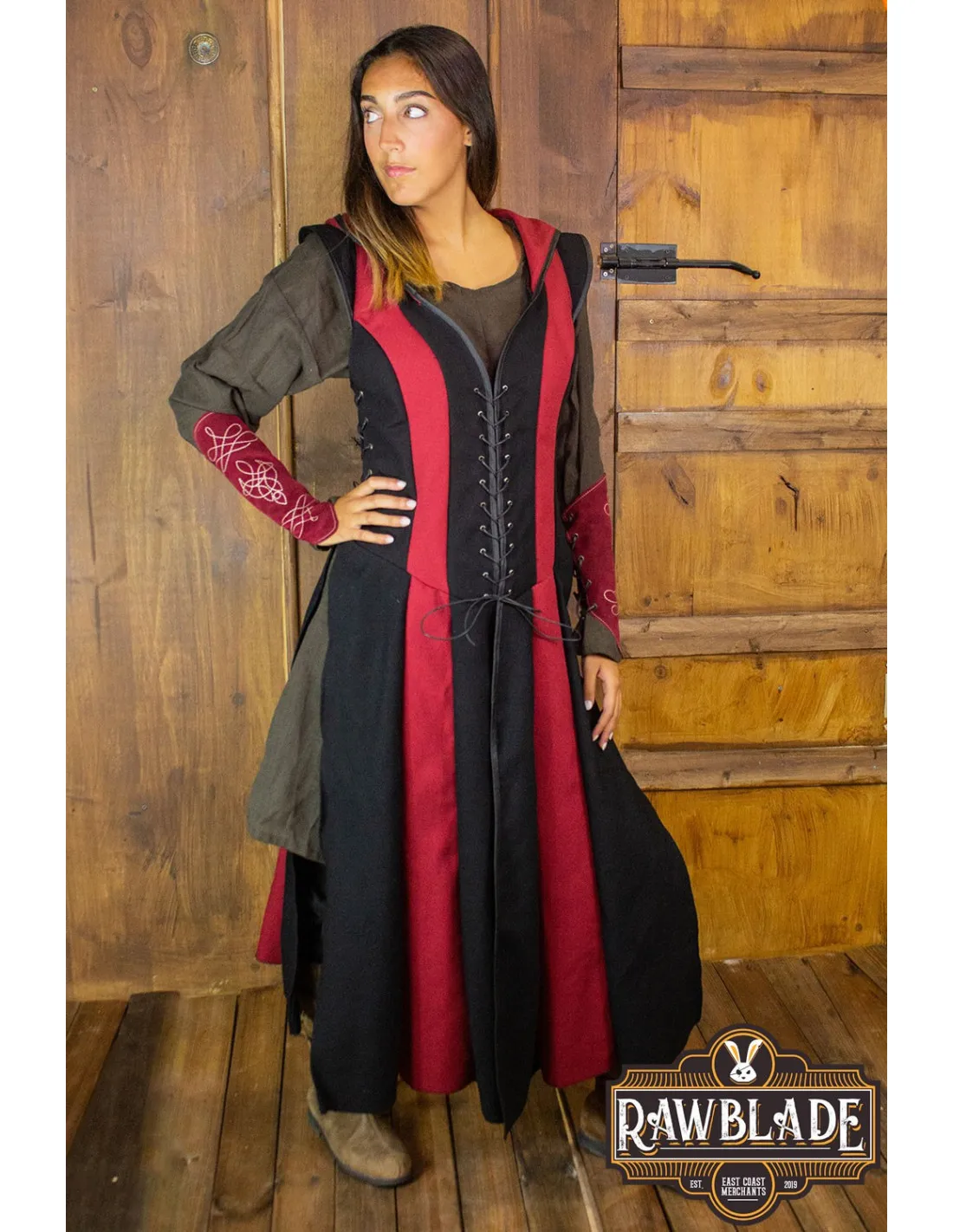 TúNICA MEDIEVAL DE MUJER ARQUERA ARYLITH  NEGRO Y ROJO