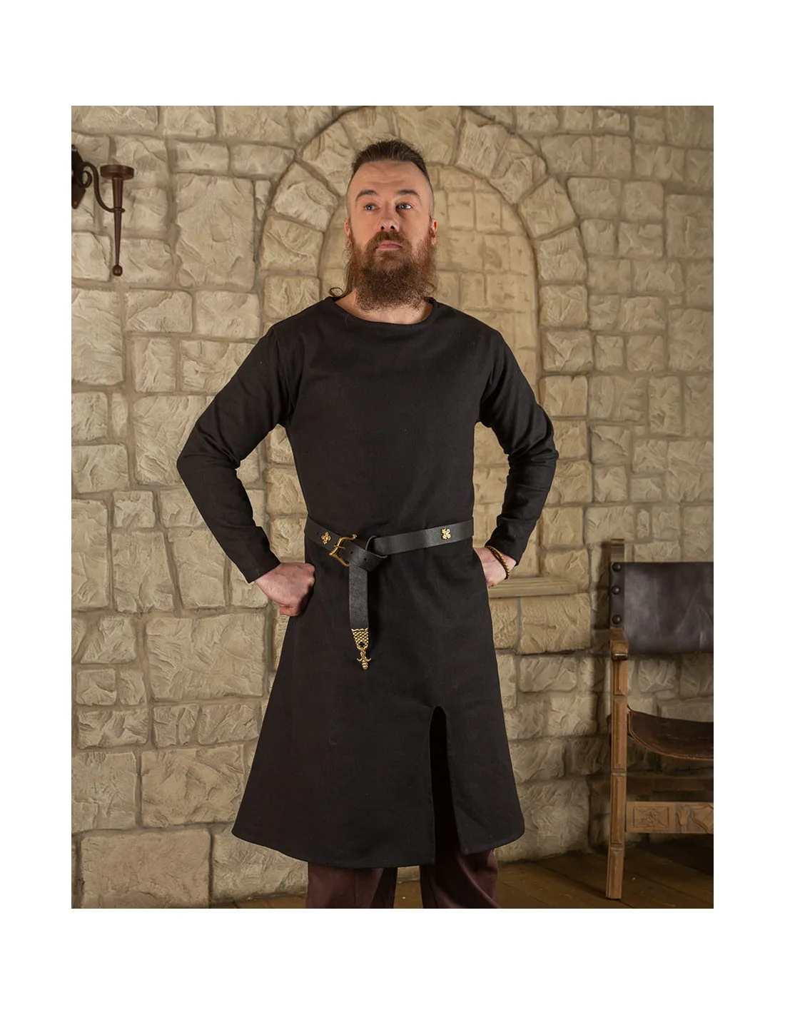 Túnica medieval larga en algodón negro modelo Wolfram