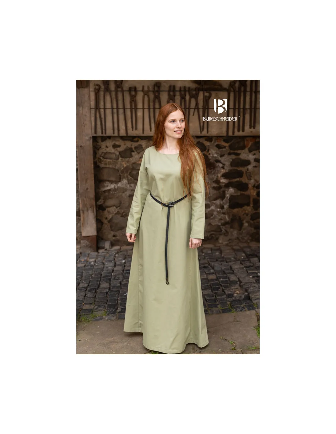 Túnica medieval mangas largas Feme, color verde primavera