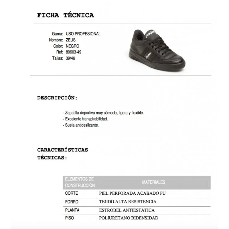 ZAPATILLA LABORAL NEGRA SIN PUNTERA ZEUS OUTLET  J'HAYBER WORKS